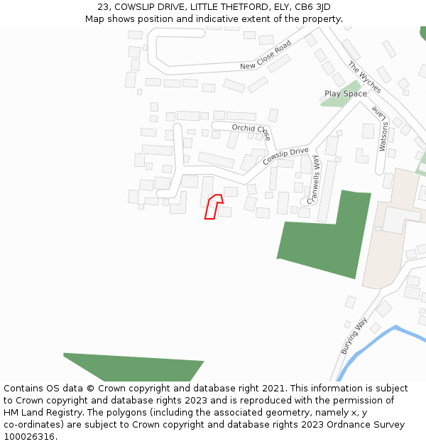 23, COWSLIP DRIVE, LITTLE THETFORD, ELY, CB6 3JD: Location map and indicative extent of plot