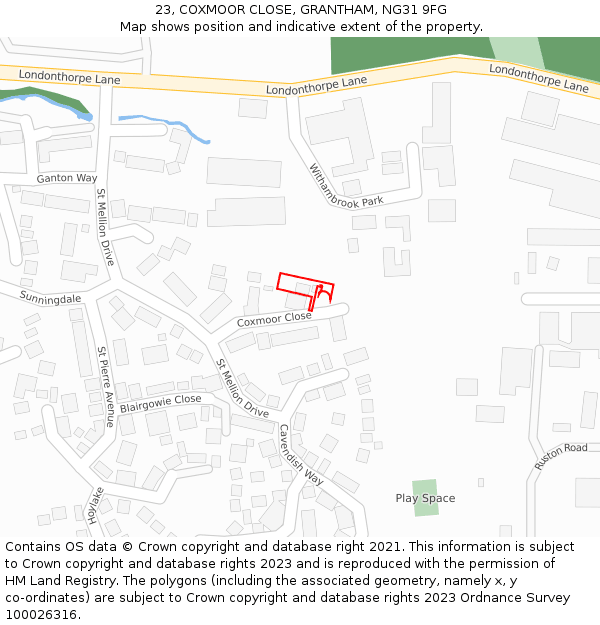 23, COXMOOR CLOSE, GRANTHAM, NG31 9FG: Location map and indicative extent of plot