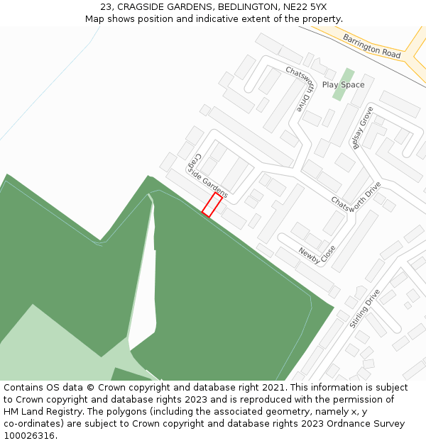 23, CRAGSIDE GARDENS, BEDLINGTON, NE22 5YX: Location map and indicative extent of plot
