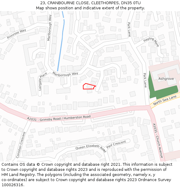 23, CRANBOURNE CLOSE, CLEETHORPES, DN35 0TU: Location map and indicative extent of plot