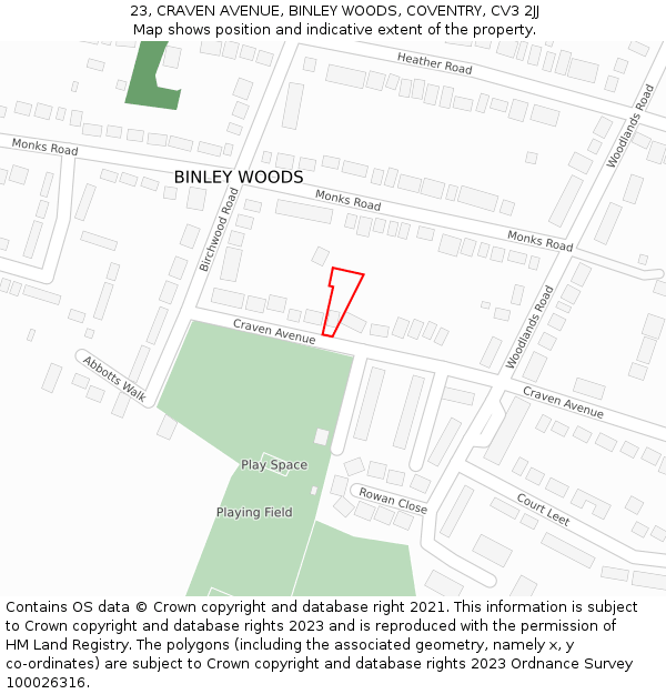 23, CRAVEN AVENUE, BINLEY WOODS, COVENTRY, CV3 2JJ: Location map and indicative extent of plot