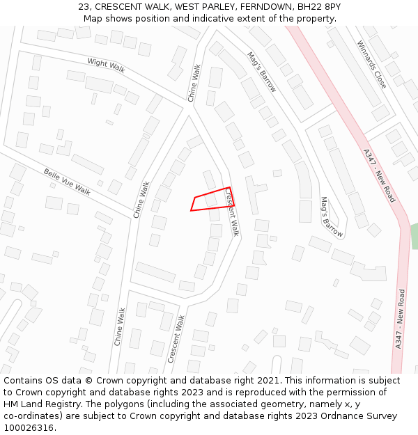 23, CRESCENT WALK, WEST PARLEY, FERNDOWN, BH22 8PY: Location map and indicative extent of plot