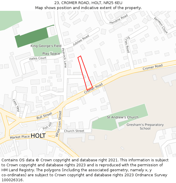 23, CROMER ROAD, HOLT, NR25 6EU: Location map and indicative extent of plot