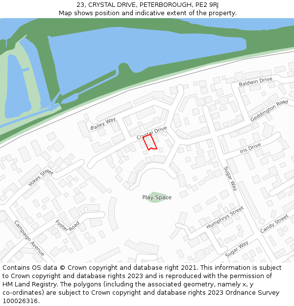 23, CRYSTAL DRIVE, PETERBOROUGH, PE2 9RJ: Location map and indicative extent of plot