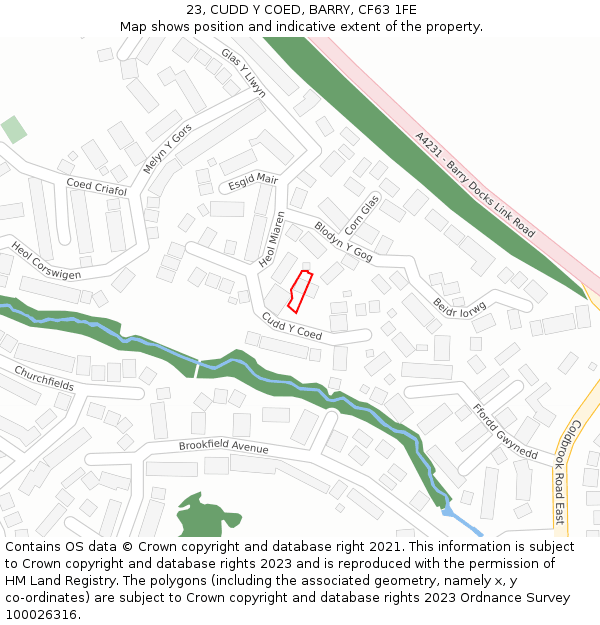 23, CUDD Y COED, BARRY, CF63 1FE: Location map and indicative extent of plot