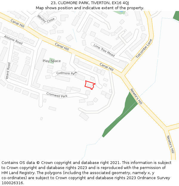 23, CUDMORE PARK, TIVERTON, EX16 4QJ: Location map and indicative extent of plot