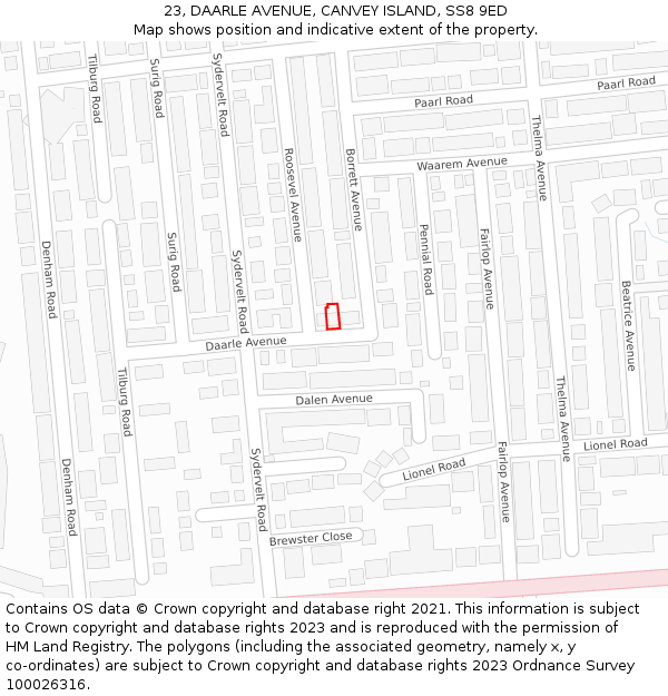 23, DAARLE AVENUE, CANVEY ISLAND, SS8 9ED: Location map and indicative extent of plot