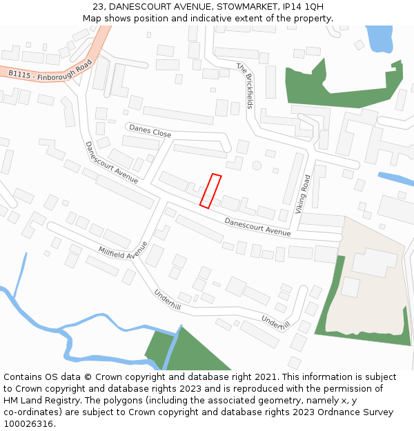 23, DANESCOURT AVENUE, STOWMARKET, IP14 1QH: Location map and indicative extent of plot