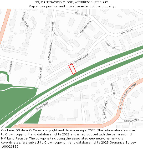 23, DANESWOOD CLOSE, WEYBRIDGE, KT13 9AY: Location map and indicative extent of plot