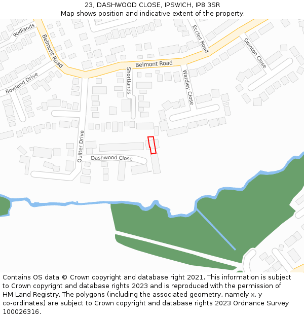 23, DASHWOOD CLOSE, IPSWICH, IP8 3SR: Location map and indicative extent of plot