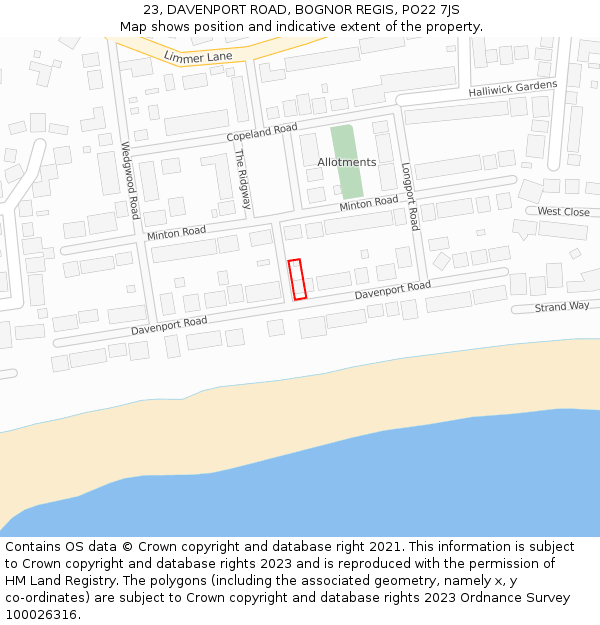 23, DAVENPORT ROAD, BOGNOR REGIS, PO22 7JS: Location map and indicative extent of plot