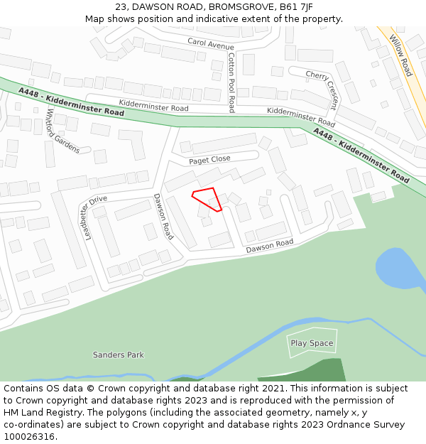 23, DAWSON ROAD, BROMSGROVE, B61 7JF: Location map and indicative extent of plot