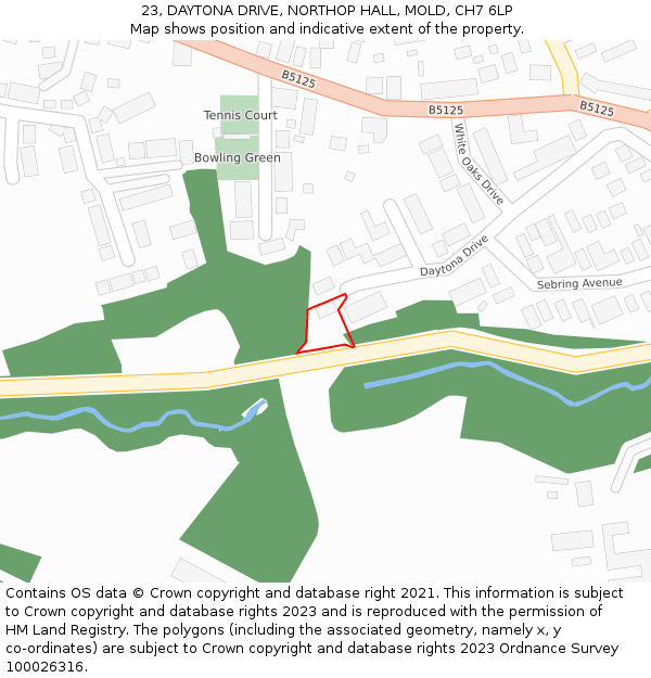 23, DAYTONA DRIVE, NORTHOP HALL, MOLD, CH7 6LP: Location map and indicative extent of plot