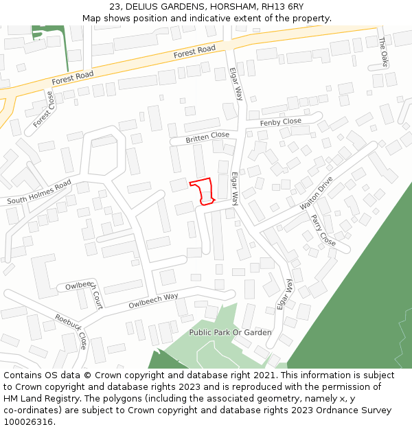 23, DELIUS GARDENS, HORSHAM, RH13 6RY: Location map and indicative extent of plot