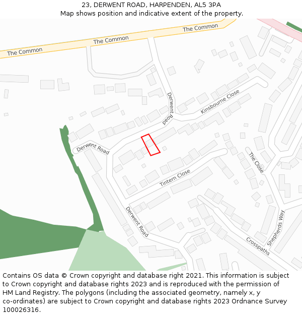 23, DERWENT ROAD, HARPENDEN, AL5 3PA: Location map and indicative extent of plot