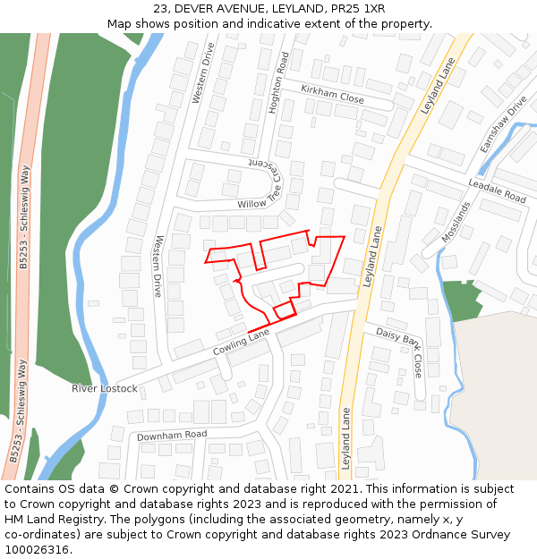 23, DEVER AVENUE, LEYLAND, PR25 1XR: Location map and indicative extent of plot