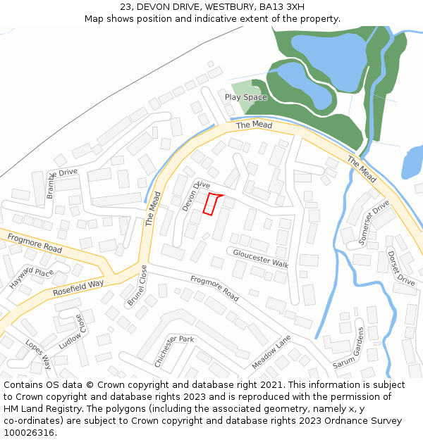 23, DEVON DRIVE, WESTBURY, BA13 3XH: Location map and indicative extent of plot