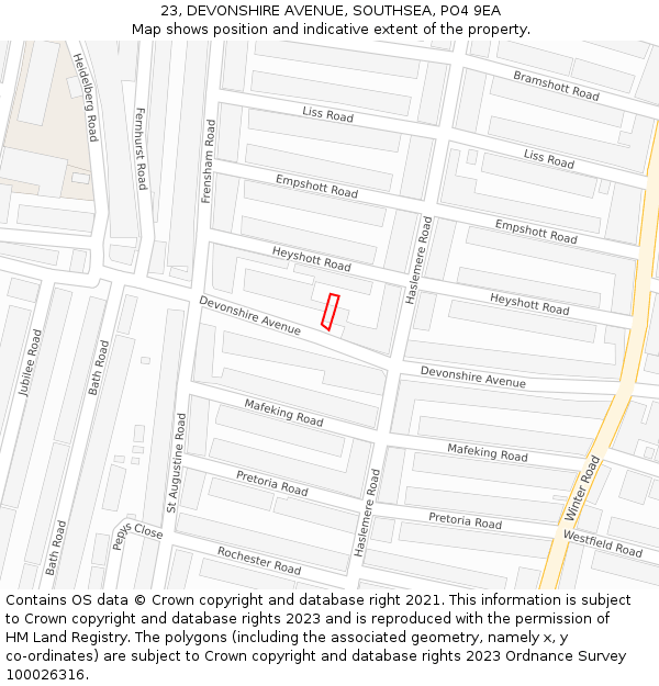 23, DEVONSHIRE AVENUE, SOUTHSEA, PO4 9EA: Location map and indicative extent of plot