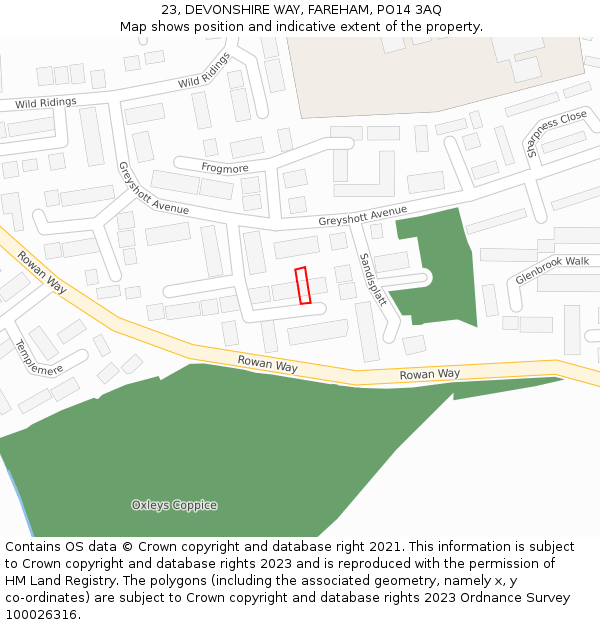 23, DEVONSHIRE WAY, FAREHAM, PO14 3AQ: Location map and indicative extent of plot