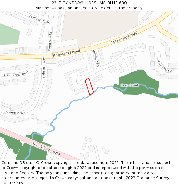 23, DICKINS WAY, HORSHAM, RH13 6BQ: Location map and indicative extent of plot