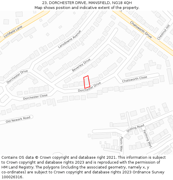 23, DORCHESTER DRIVE, MANSFIELD, NG18 4QH: Location map and indicative extent of plot