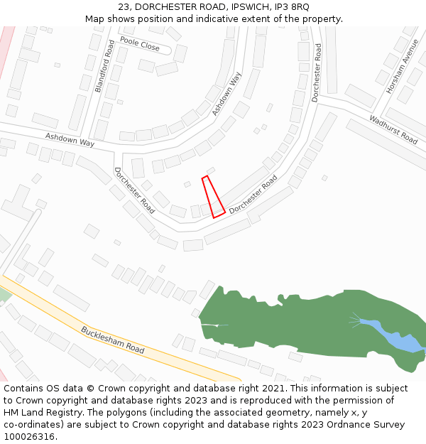 23, DORCHESTER ROAD, IPSWICH, IP3 8RQ: Location map and indicative extent of plot