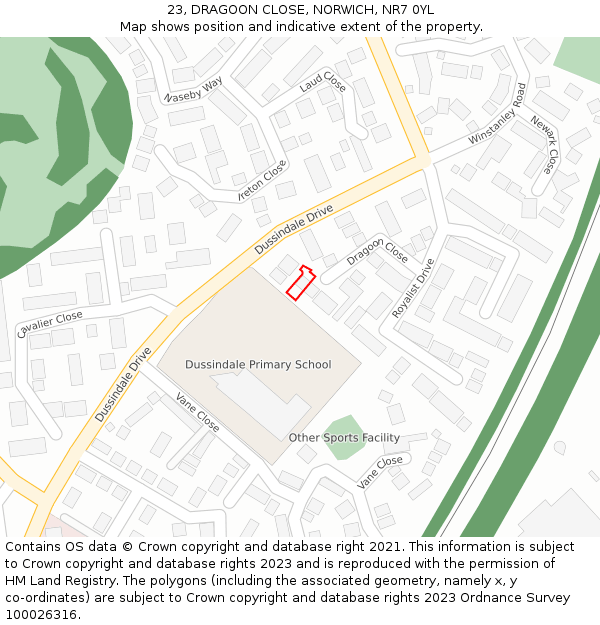 23, DRAGOON CLOSE, NORWICH, NR7 0YL: Location map and indicative extent of plot