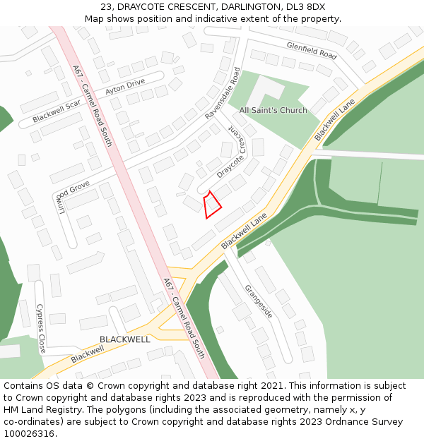 23, DRAYCOTE CRESCENT, DARLINGTON, DL3 8DX: Location map and indicative extent of plot