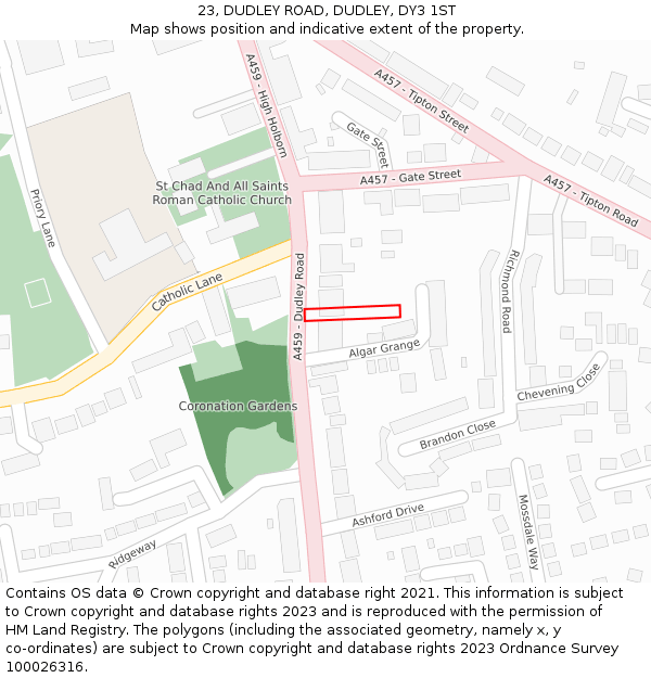 23, DUDLEY ROAD, DUDLEY, DY3 1ST: Location map and indicative extent of plot
