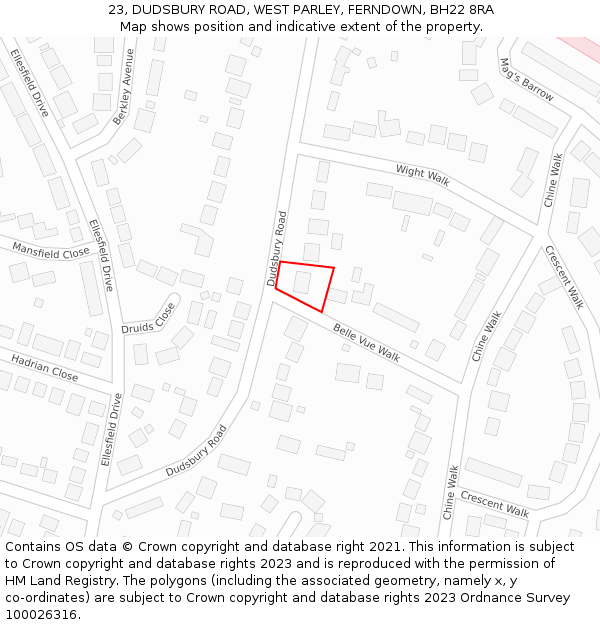 23, DUDSBURY ROAD, WEST PARLEY, FERNDOWN, BH22 8RA: Location map and indicative extent of plot