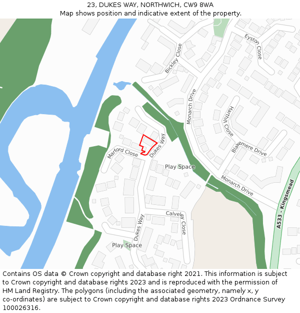 23, DUKES WAY, NORTHWICH, CW9 8WA: Location map and indicative extent of plot