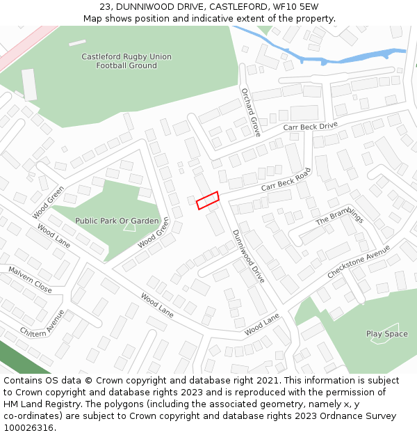 23, DUNNIWOOD DRIVE, CASTLEFORD, WF10 5EW: Location map and indicative extent of plot