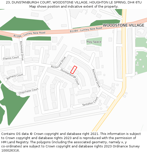 23, DUNSTANBURGH COURT, WOODSTONE VILLAGE, HOUGHTON LE SPRING, DH4 6TU: Location map and indicative extent of plot