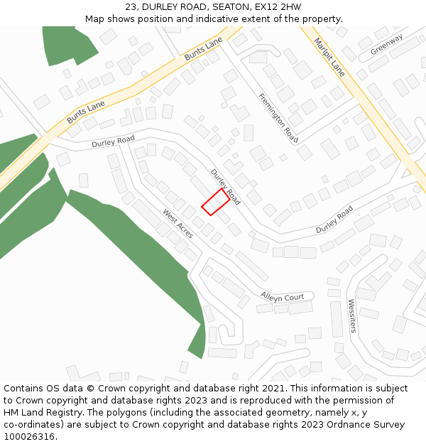 23, DURLEY ROAD, SEATON, EX12 2HW: Location map and indicative extent of plot