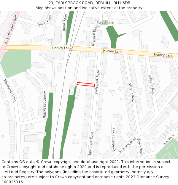 23, EARLSBROOK ROAD, REDHILL, RH1 6DR: Location map and indicative extent of plot