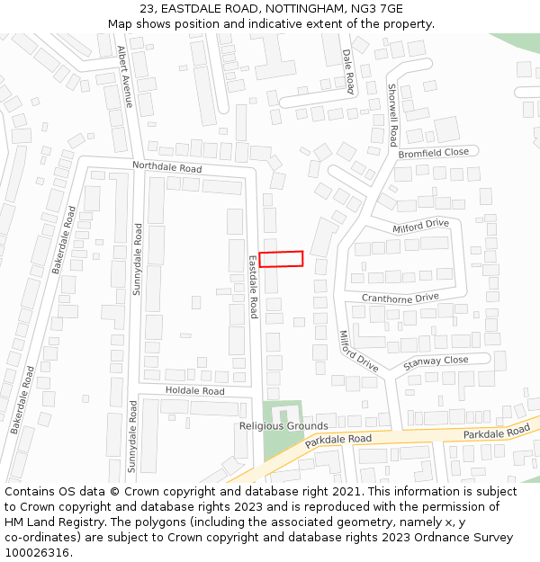 23, EASTDALE ROAD, NOTTINGHAM, NG3 7GE: Location map and indicative extent of plot