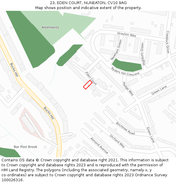 23, EDEN COURT, NUNEATON, CV10 9AG: Location map and indicative extent of plot