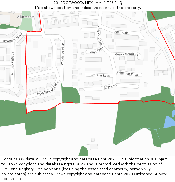 23, EDGEWOOD, HEXHAM, NE46 1LQ: Location map and indicative extent of plot