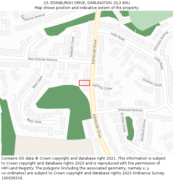 23, EDINBURGH DRIVE, DARLINGTON, DL3 8AU: Location map and indicative extent of plot