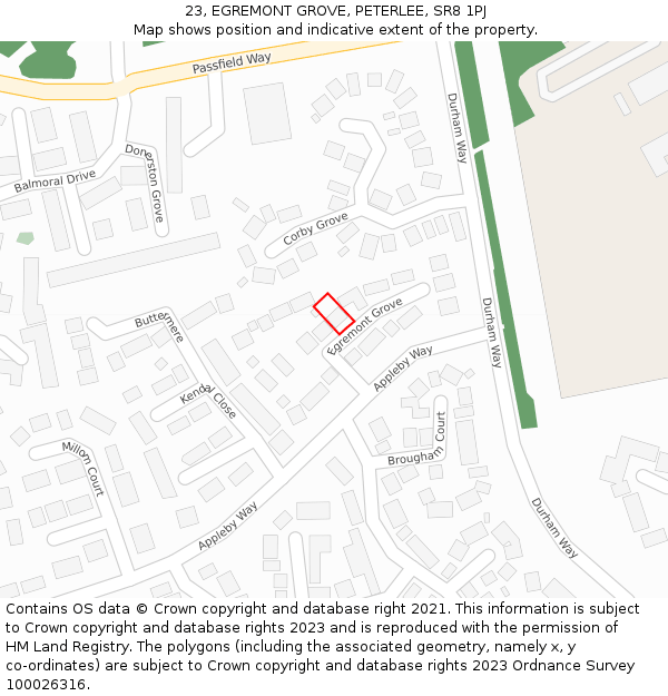 23, EGREMONT GROVE, PETERLEE, SR8 1PJ: Location map and indicative extent of plot