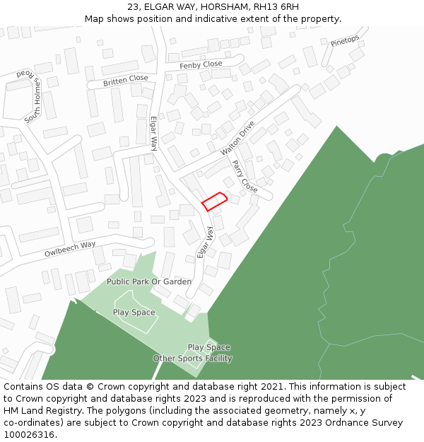 23, ELGAR WAY, HORSHAM, RH13 6RH: Location map and indicative extent of plot