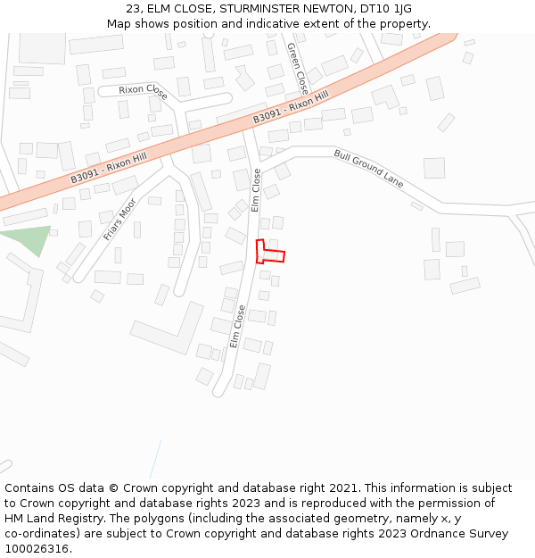 23, ELM CLOSE, STURMINSTER NEWTON, DT10 1JG: Location map and indicative extent of plot