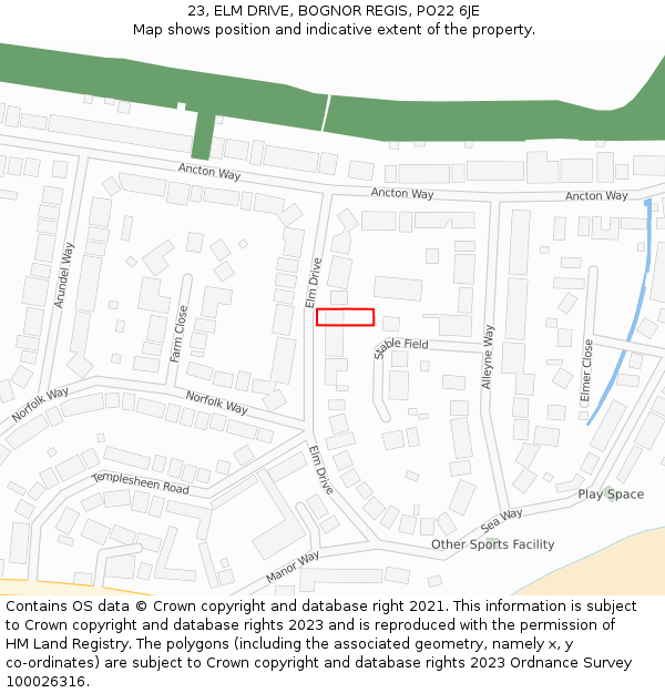 23, ELM DRIVE, BOGNOR REGIS, PO22 6JE: Location map and indicative extent of plot