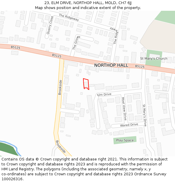 23, ELM DRIVE, NORTHOP HALL, MOLD, CH7 6JJ: Location map and indicative extent of plot