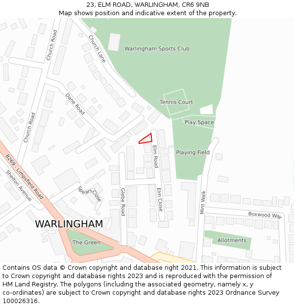 23, ELM ROAD, WARLINGHAM, CR6 9NB: Location map and indicative extent of plot