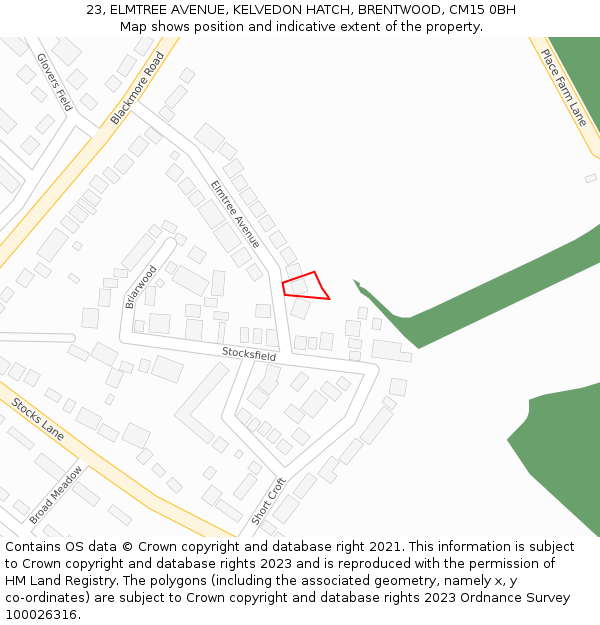 23, ELMTREE AVENUE, KELVEDON HATCH, BRENTWOOD, CM15 0BH: Location map and indicative extent of plot