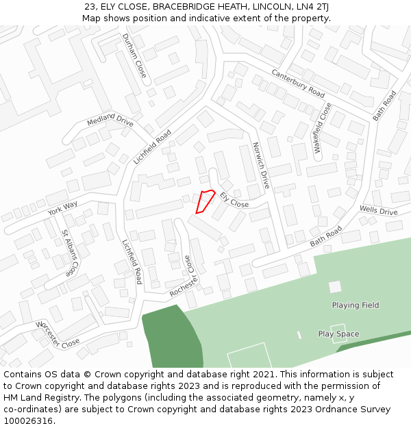 23, ELY CLOSE, BRACEBRIDGE HEATH, LINCOLN, LN4 2TJ: Location map and indicative extent of plot