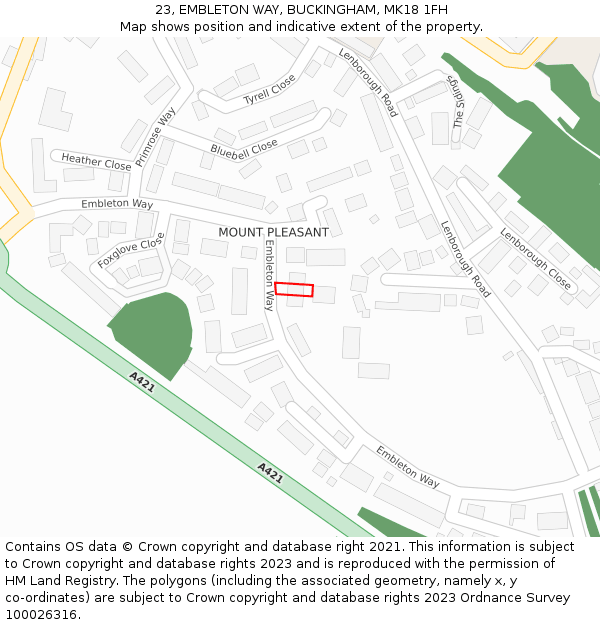 23, EMBLETON WAY, BUCKINGHAM, MK18 1FH: Location map and indicative extent of plot
