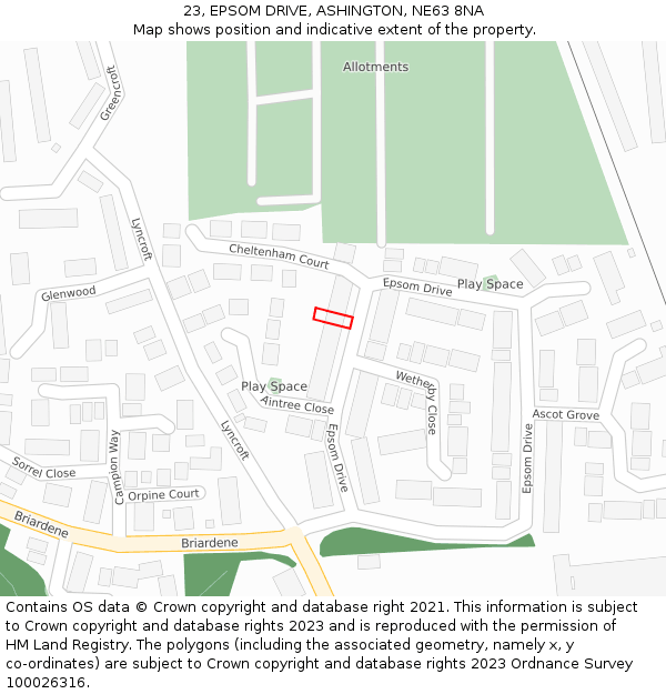 23, EPSOM DRIVE, ASHINGTON, NE63 8NA: Location map and indicative extent of plot