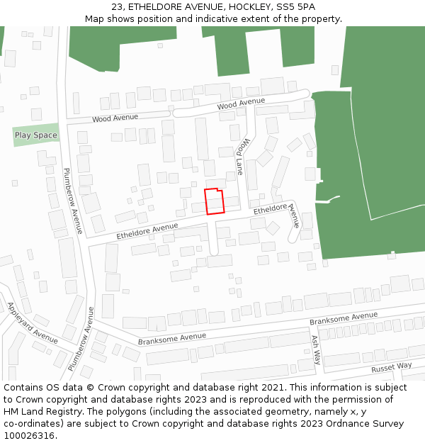 23, ETHELDORE AVENUE, HOCKLEY, SS5 5PA: Location map and indicative extent of plot